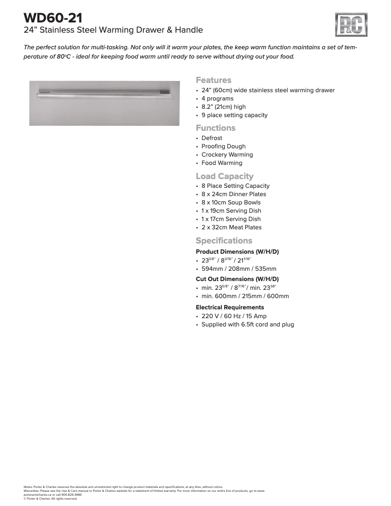Page 1 of the manual Technical Sheet Porter & Charles WD60-21