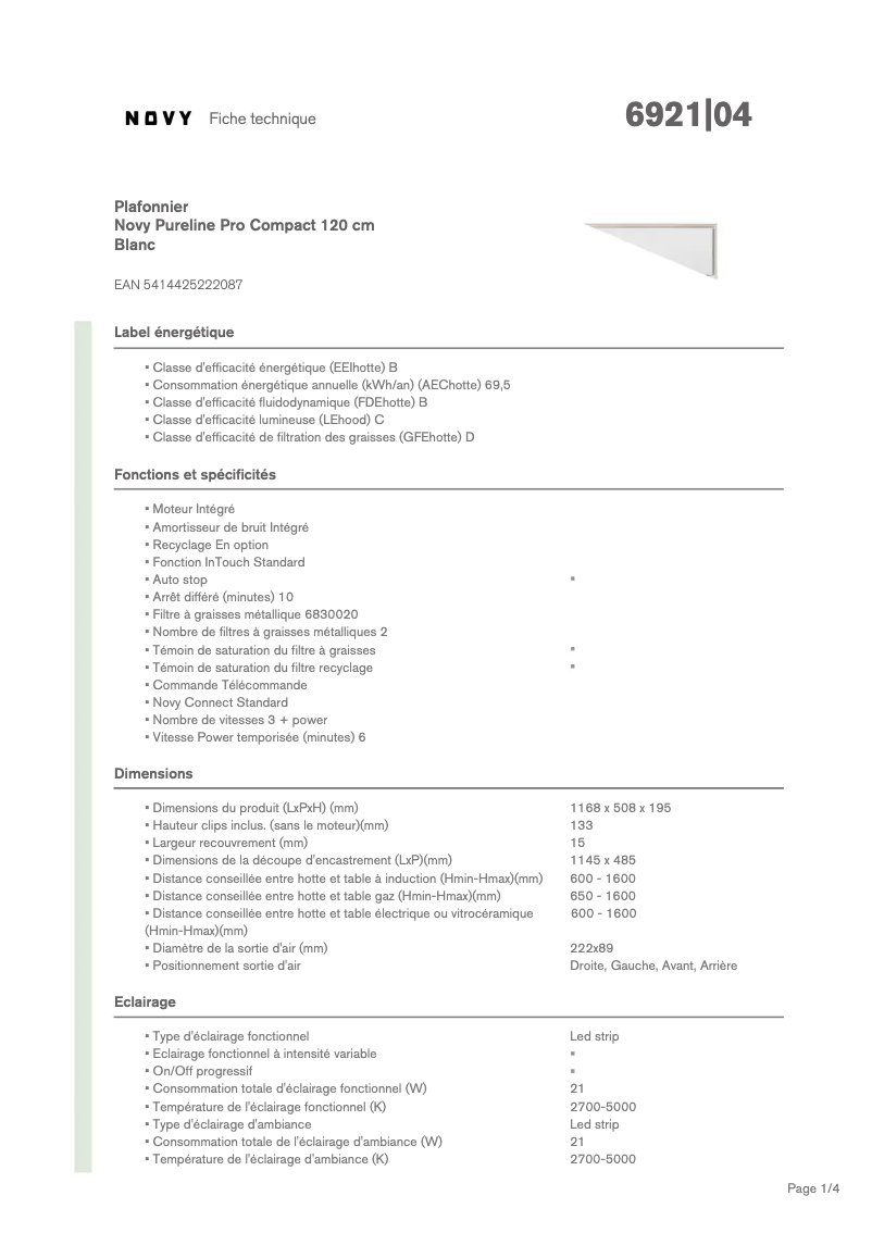 Page 1 of the manual Technical Sheet Novy Pureline Pro Compact 6921