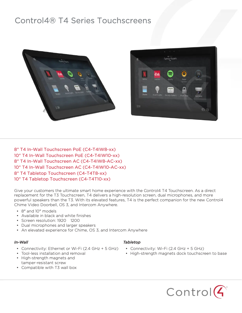 Page 1 of the manual Technical Sheet Control4 C4-T4T10