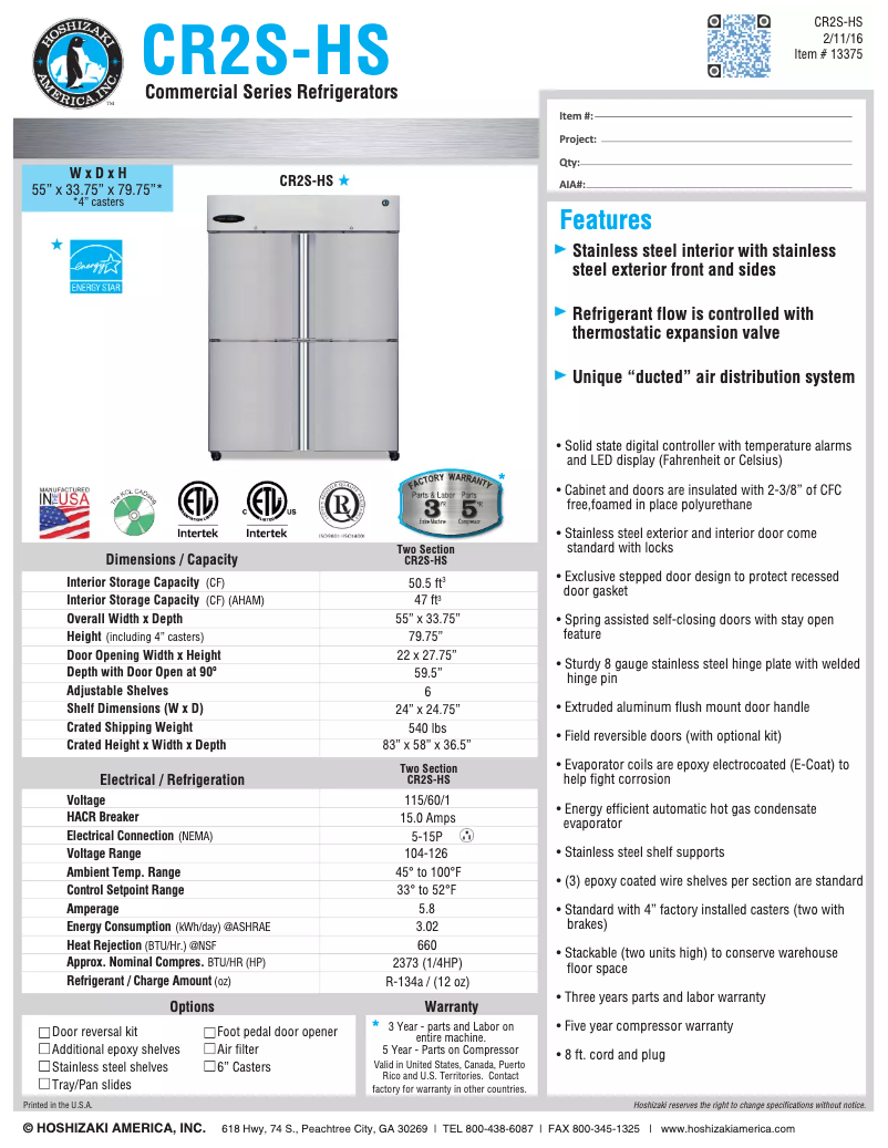 First page image of the manual for Commercial CR2S-HS
