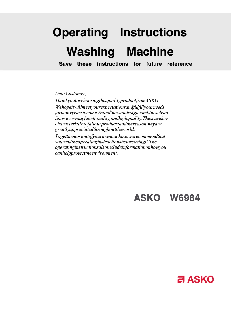 Page 1 of the manual User Manual Asko W 6984 FI