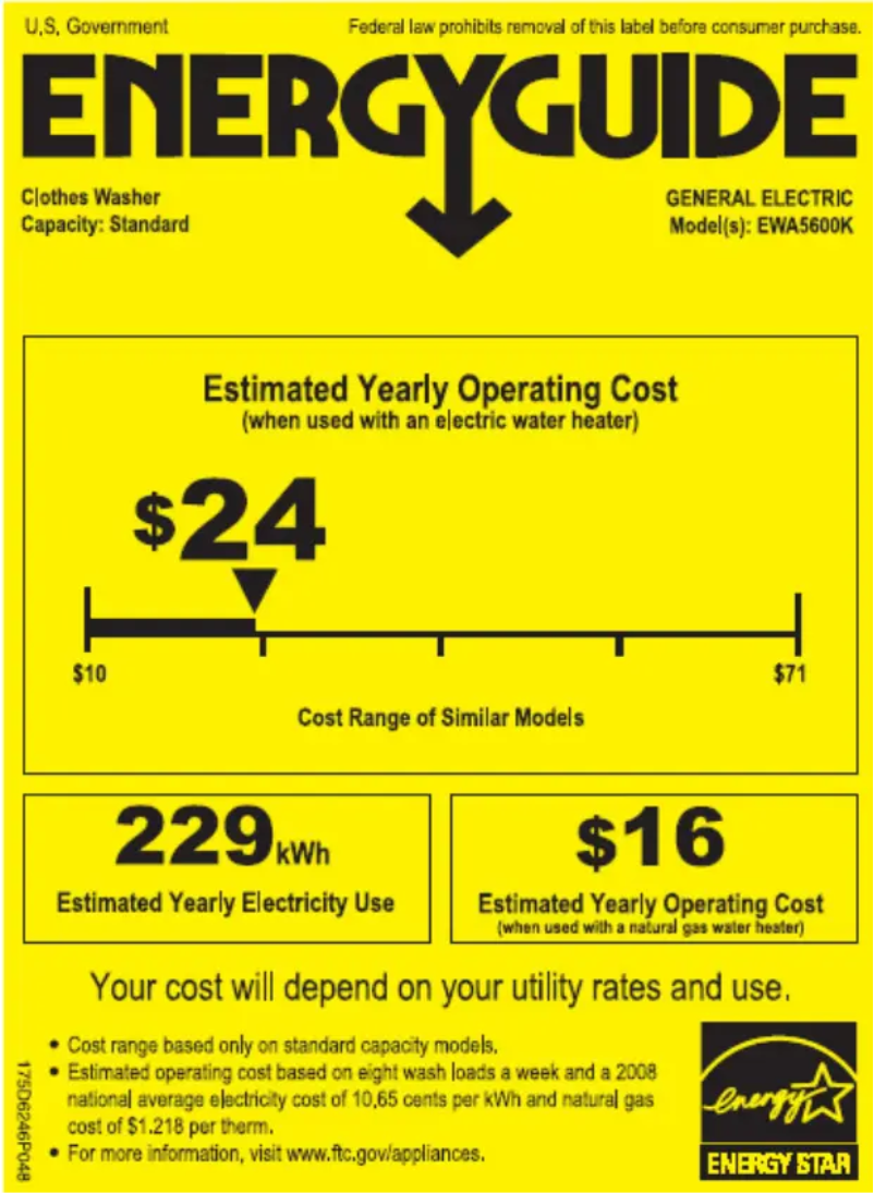 Page 1 of the manual Energy Label GE EWA5600KWW