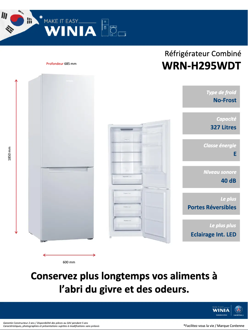 Page 1 of the manual Technical Sheet Winia WRN-H295W