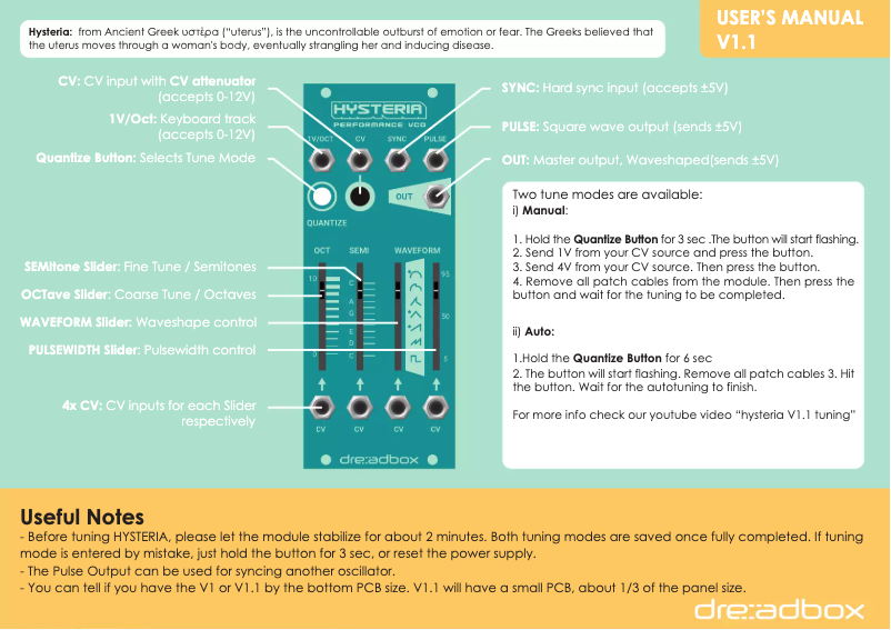 First page image of the manual for Hysteria