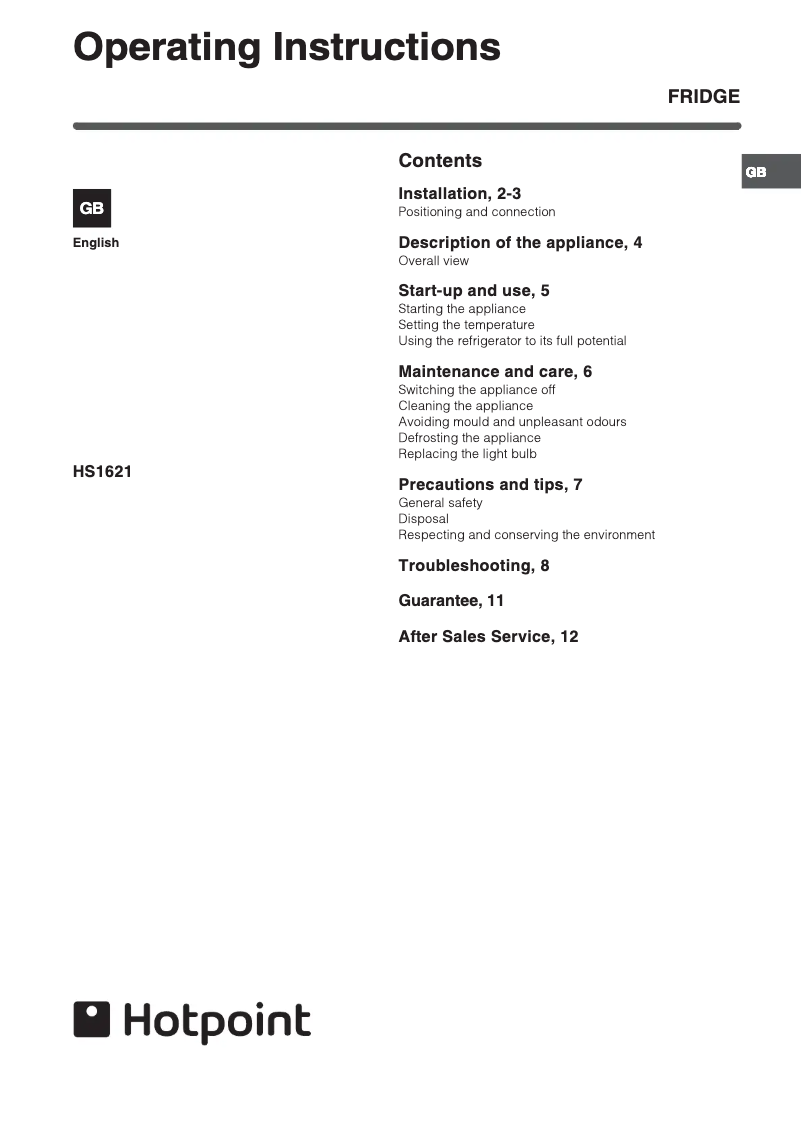 First page image of the manual for HS1621