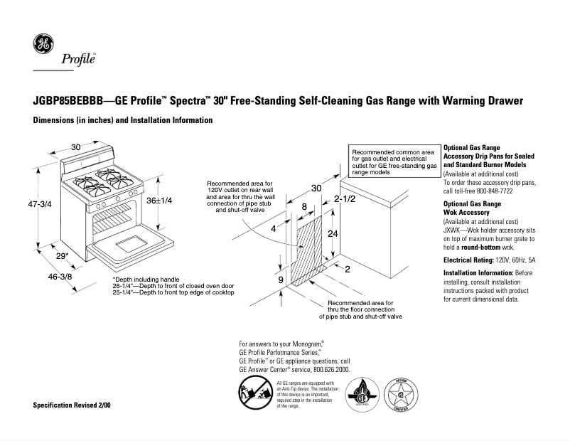 Page 1 of the manual Technical Sheet GE Profile Spectra JGBP85BEBBB