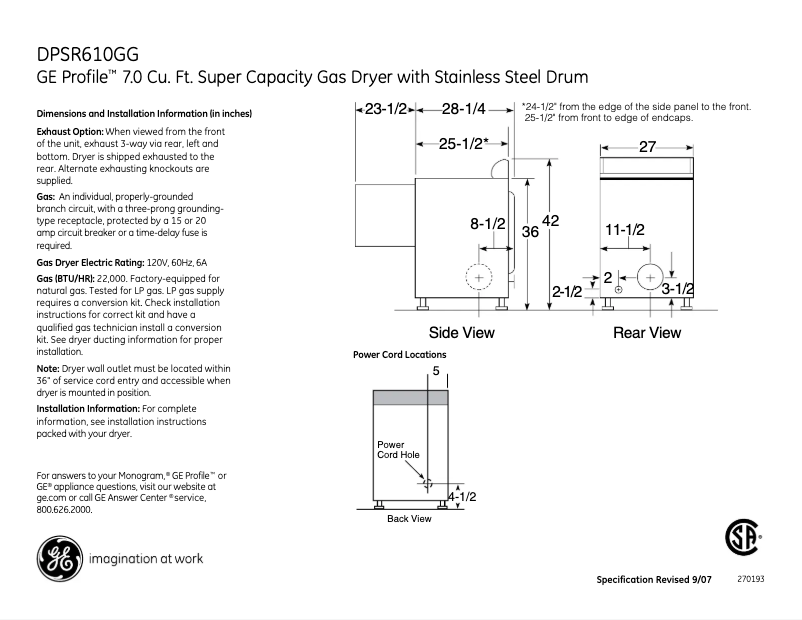 Page 1 of the manual Technical Sheet GE Profile DPSR610GGWT