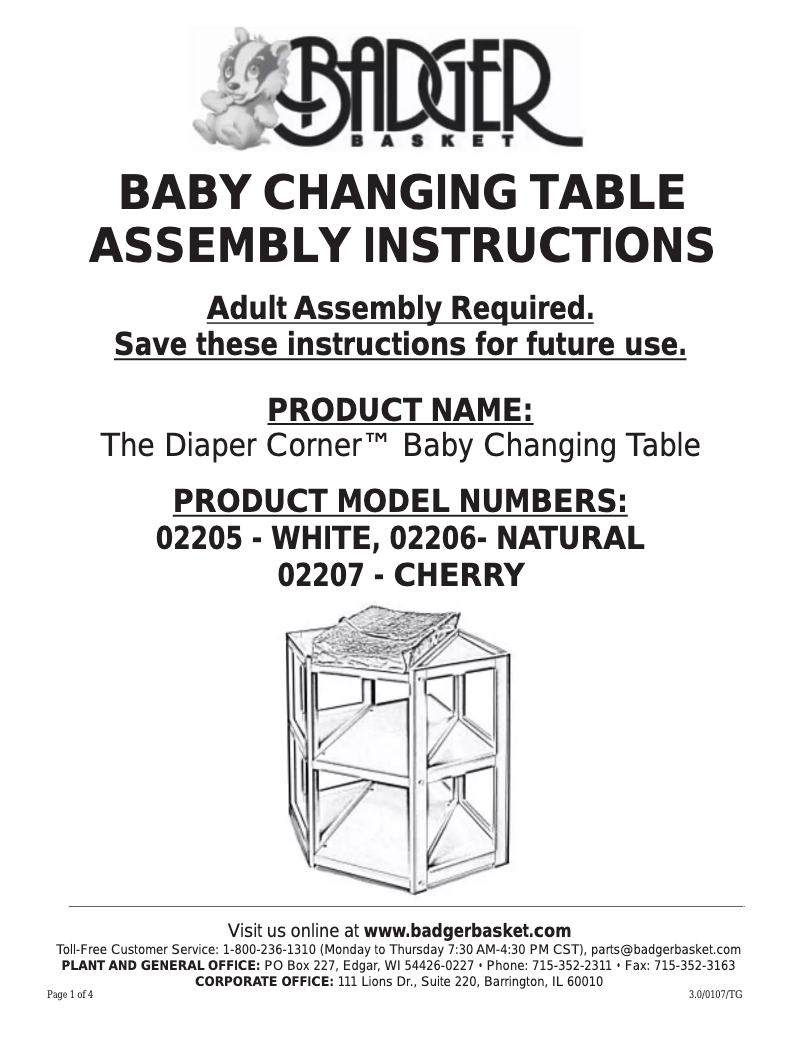 Page 1 of the manual User Manual Badger Basket Diaper Corner