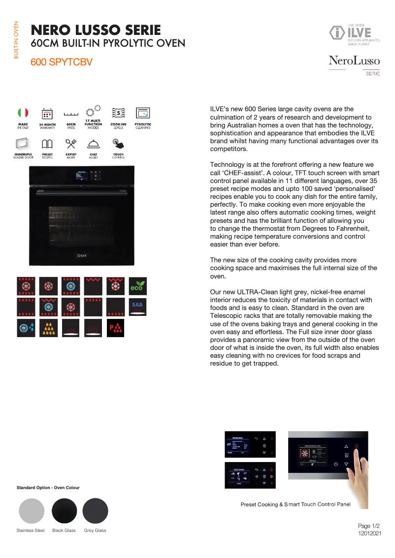 Page 1 of the manual Technical Sheet Ilve 600SPYTCBV