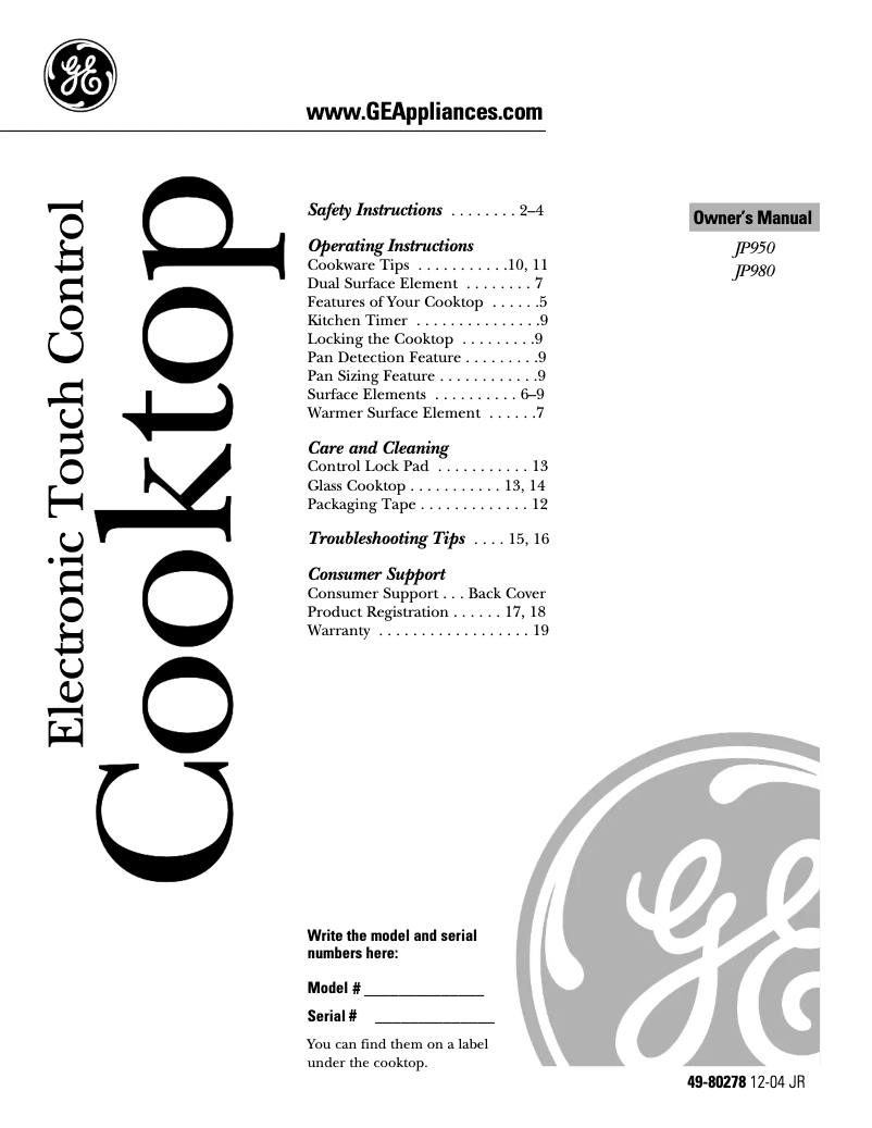 First page image of the manual for JP980WKWW