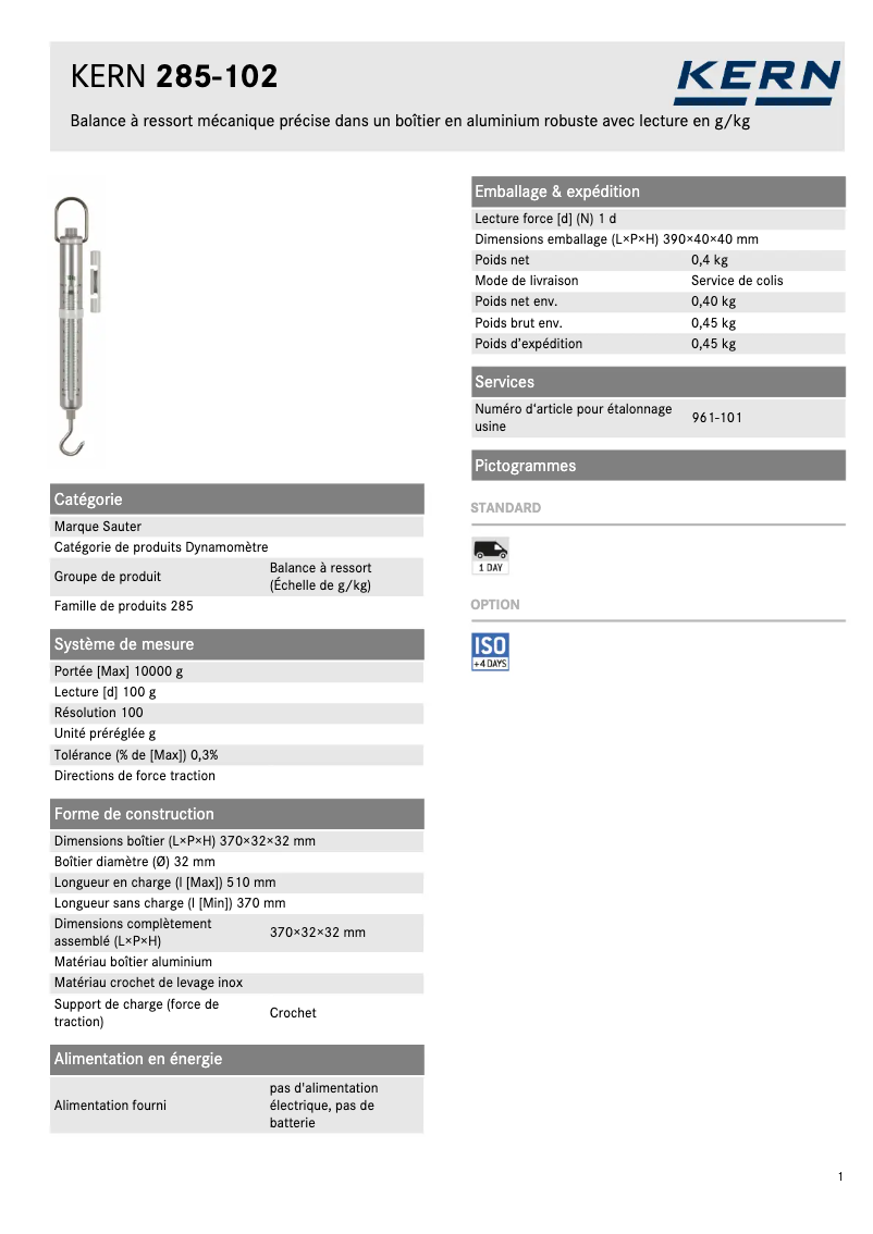 Page 1 of the manual Technical Sheet Kern 285-102