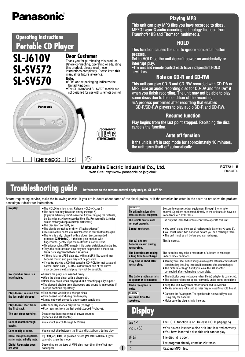 Page 1 of the manual User Manual Panasonic SL-J610V