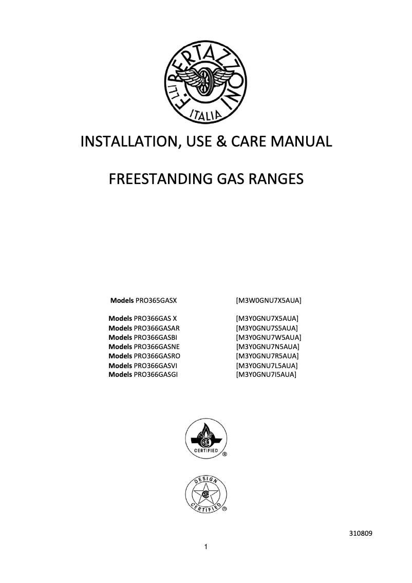 Page 1 of the manual User Manual Bertazzoni PRO365GASX 