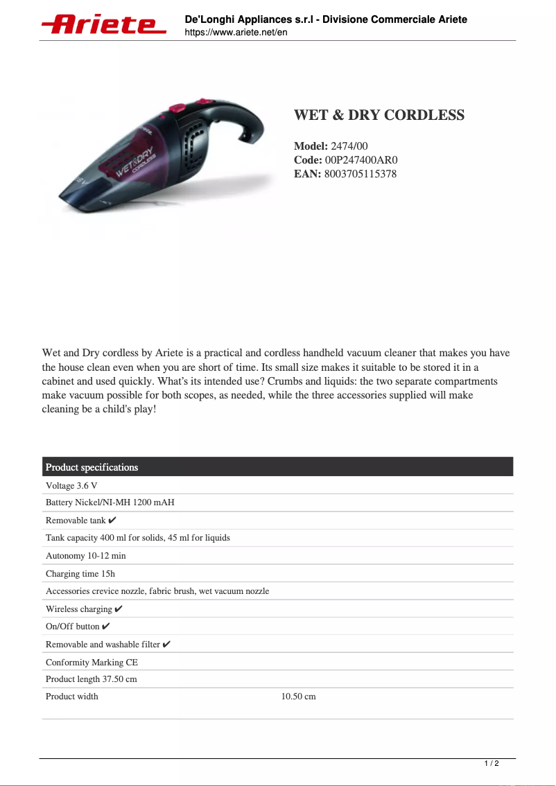 Page 1 of the manual Technical Sheet Ariete 2474