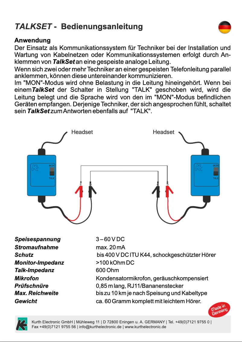 First page image of the manual for TalkSet