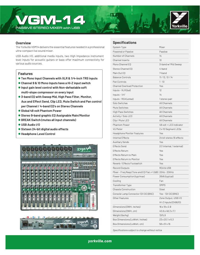 Page 1 de la notice Fiche technique Yorkville VGM14