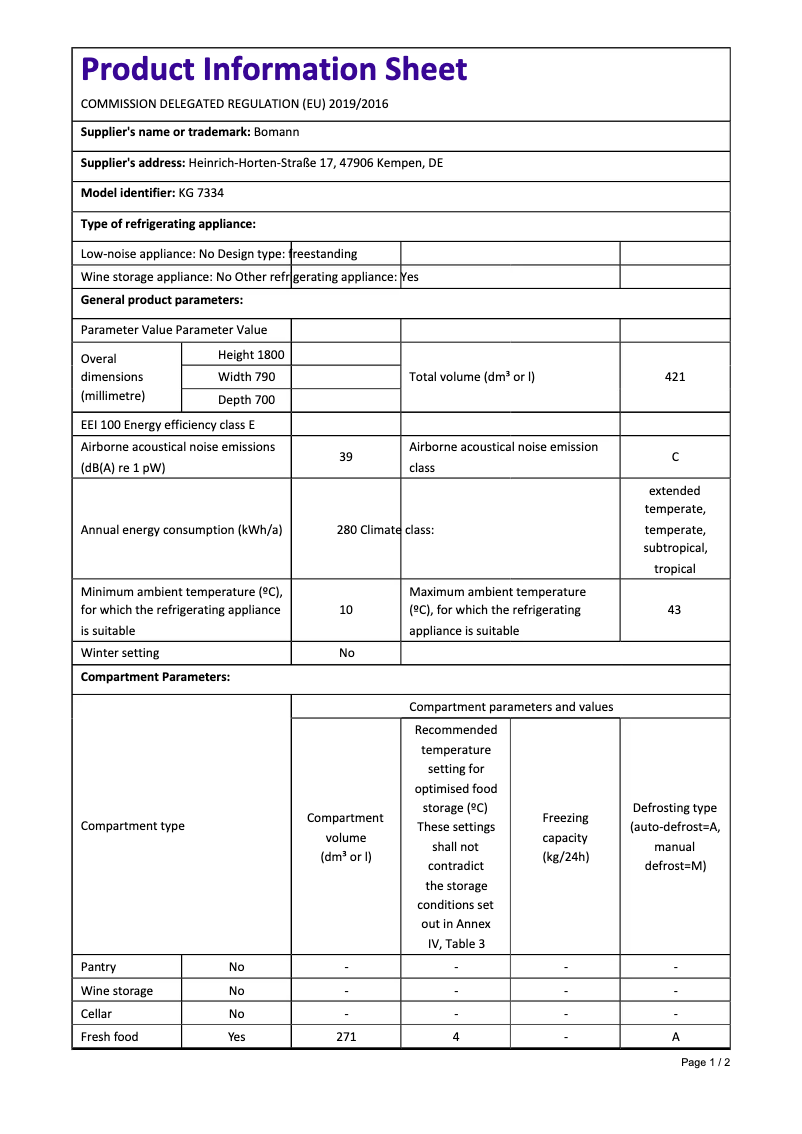 Page 1 of the manual Technical Sheet Bomann KG 7334 CD