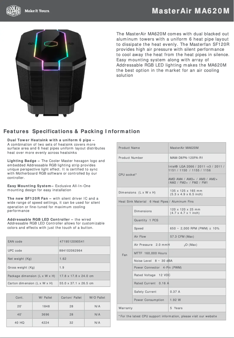 Page 1 of the manual Technical Sheet Cooler Master MasterAir MA620M