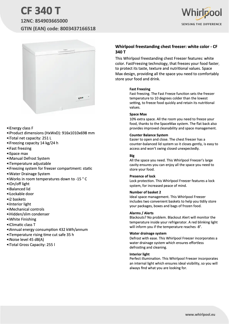 Page 1 of the manual Technical Sheet Whirlpool CF 340 T