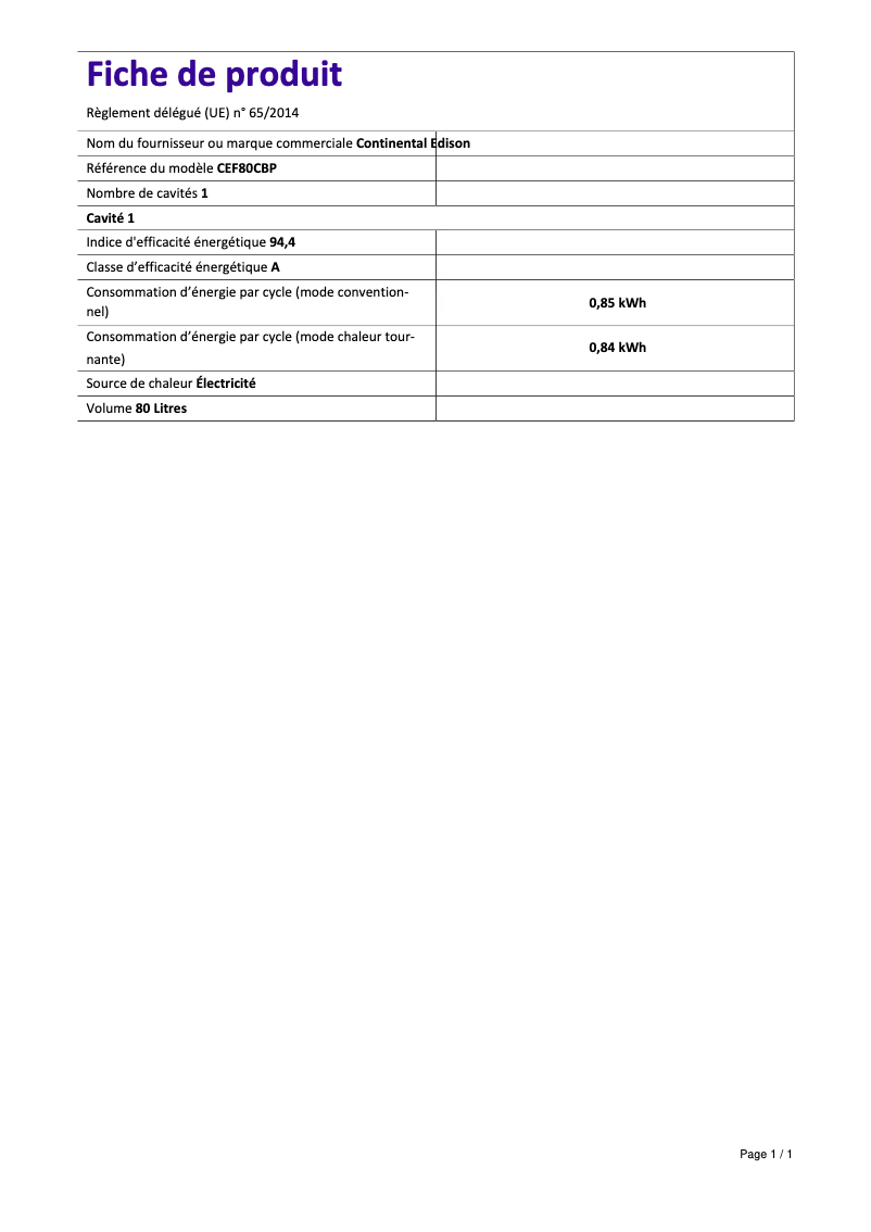 Page 1 of the manual Energy Label Continental Edison CEF80CBIX