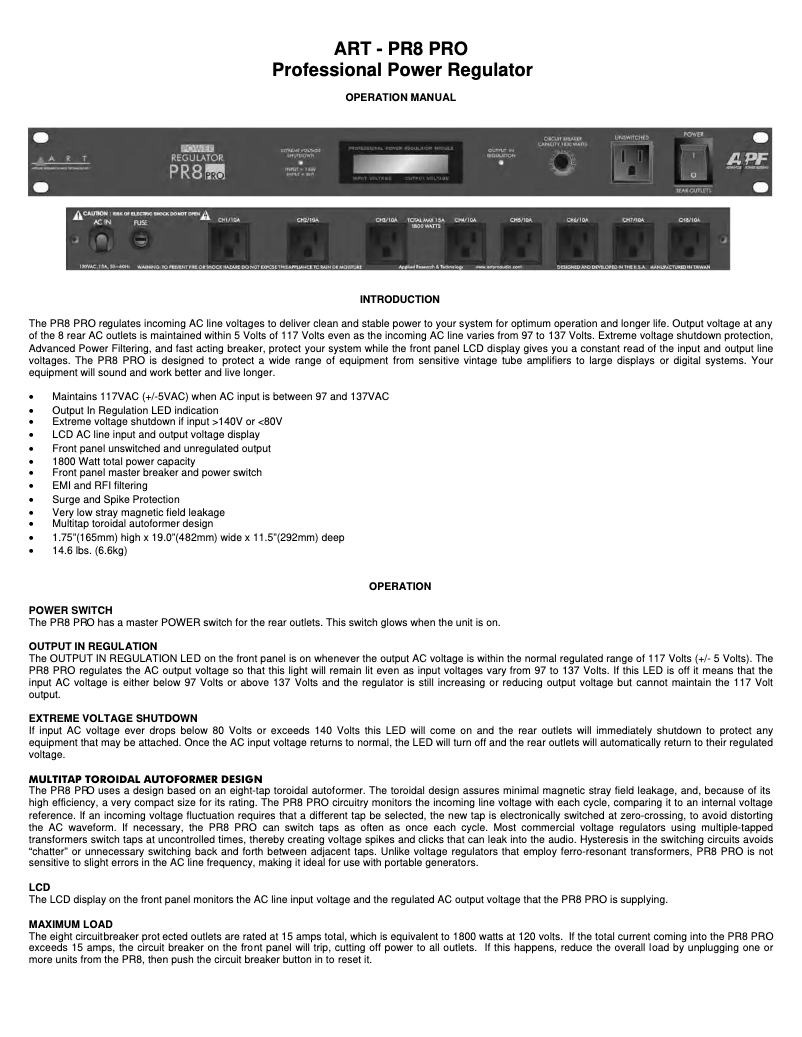First page image of the manual for PR8 PRO