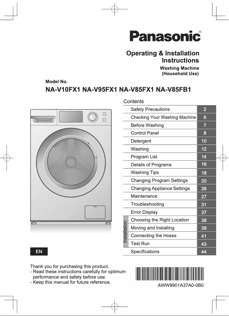 Page 1 of the manual User Manual Panasonic NA-V85FB1