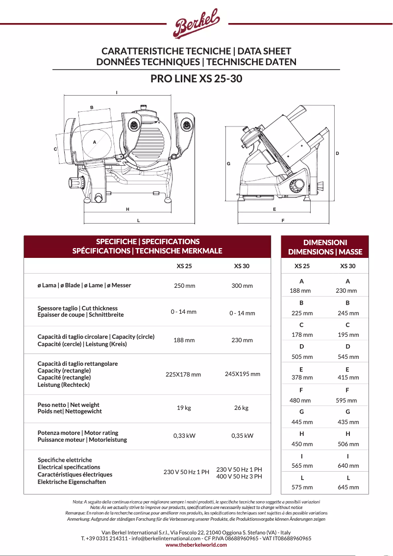 Page 1 of the manual Technical Sheet Berkel Pro Line XS25