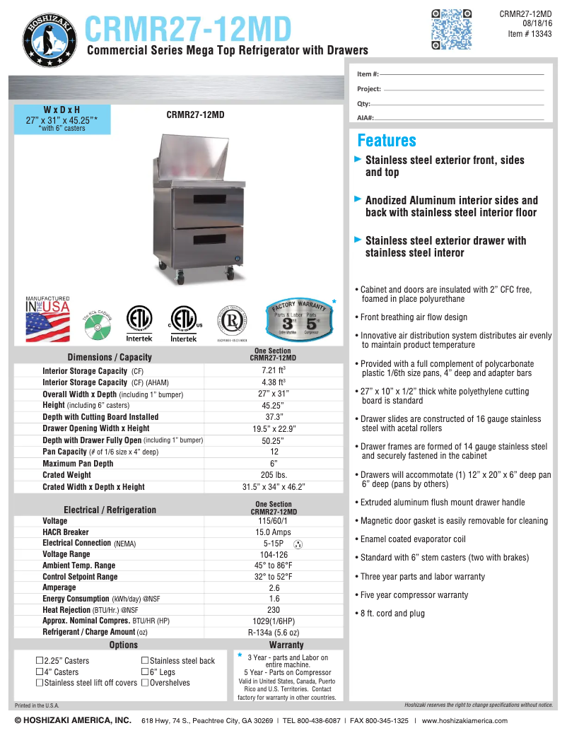 Page 1 of the manual Technical Sheet Hoshizaki CRMR27-12M