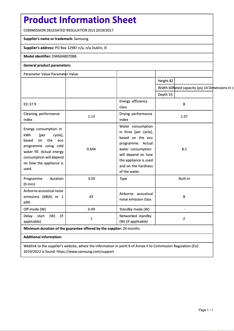 First page image of the manual for DW60A8070BB