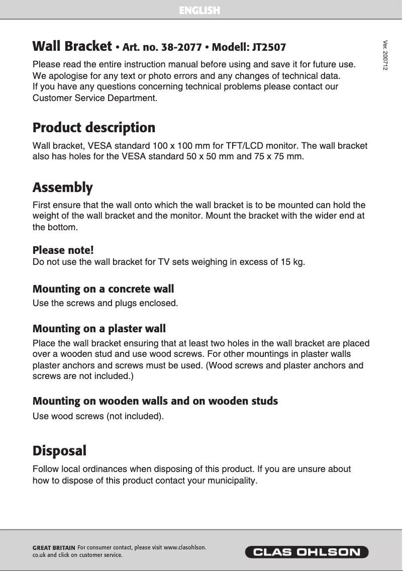 Page 1 of the manual User Manual Prologue JT2507