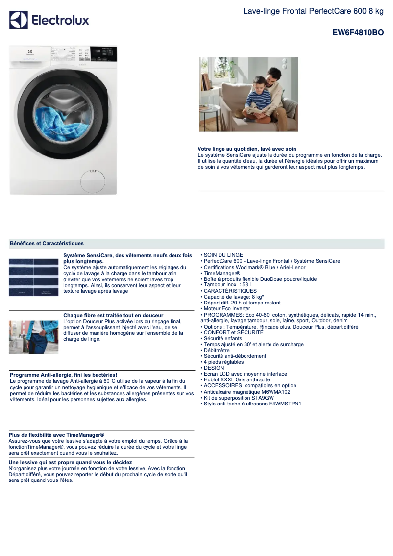 Page 1 of the manual Technical Sheet Electrolux EW6F4810BO
