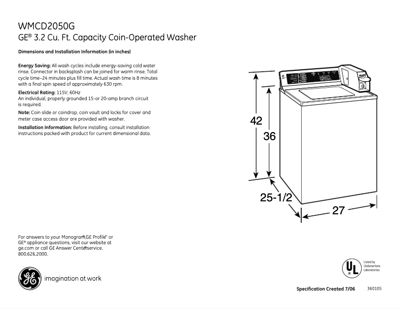 Page 1 of the manual Technical Sheet GE WMCD2050GWC