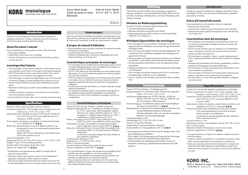 Page 1 of the manual Quick Start Guide Korg Monologue