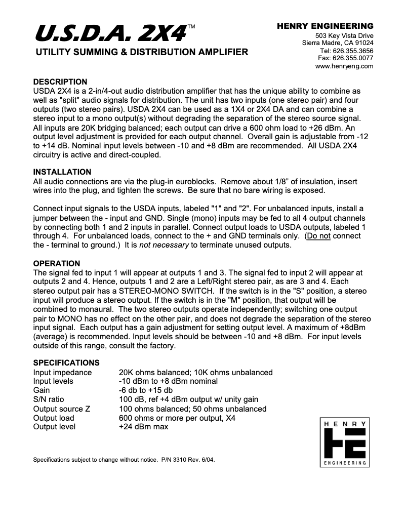 Page 1 of the manual User Manual Henry Engineering U.S.D.A. 2X4