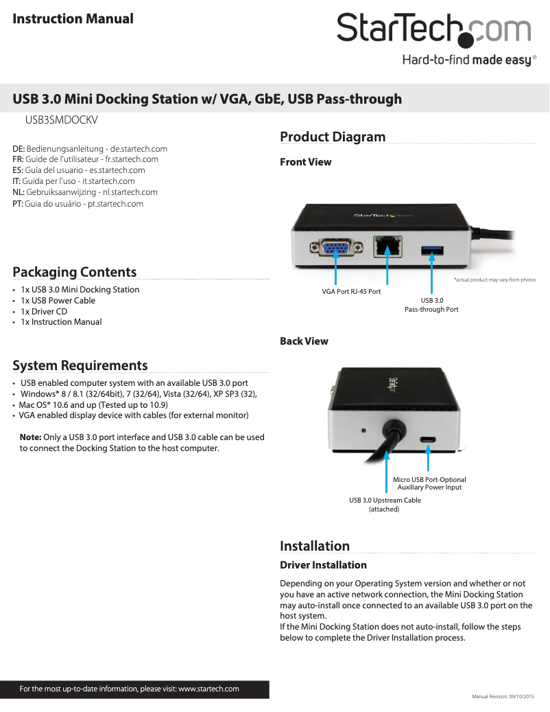 Image de la première page du manuel de l'appareil USB3SMDOCKV