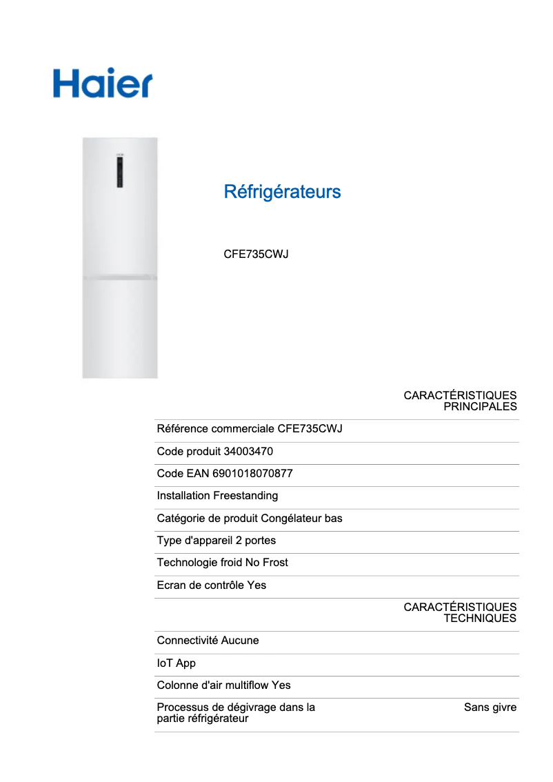Page 1 of the manual Technical Sheet Haier CFE735CWJ