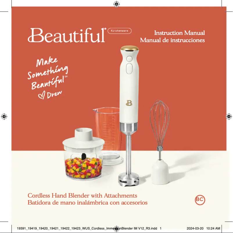 Page 1 of the manual User Manual Beautiful Cordless Hand Blender with Attachments