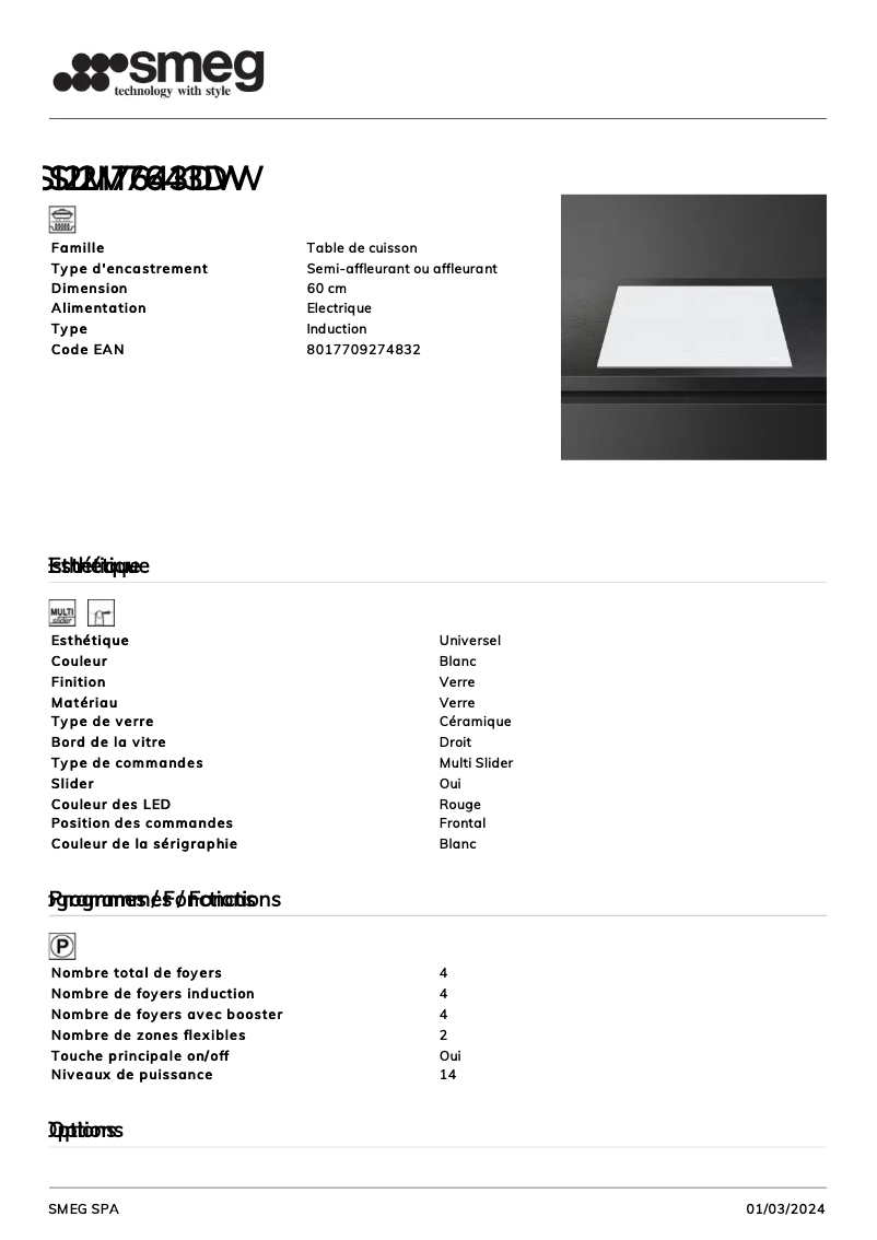 Page 1 of the manual Technical Sheet Smeg SI2M7643DW