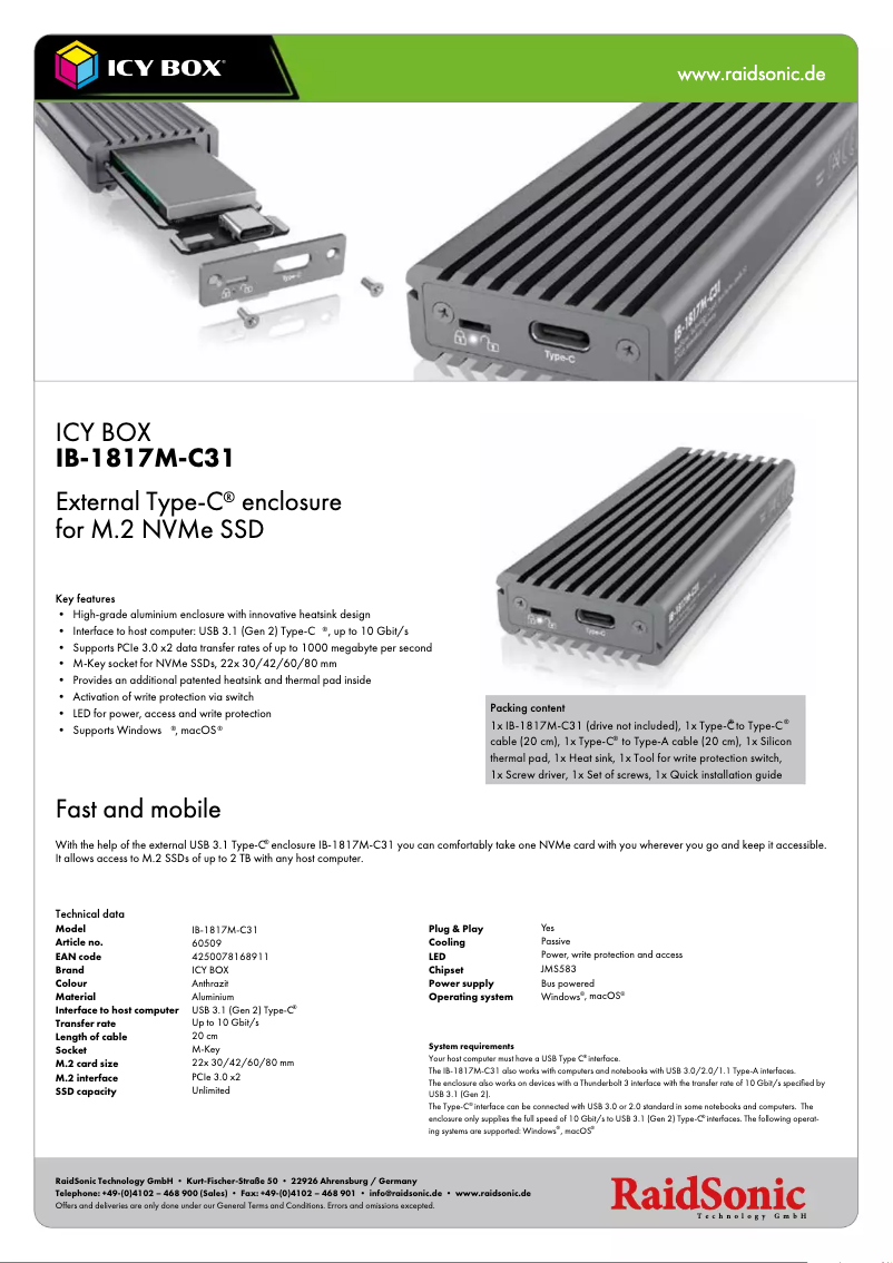 Page 1 of the manual Technical Sheet Icy Box IB-1817M-C31