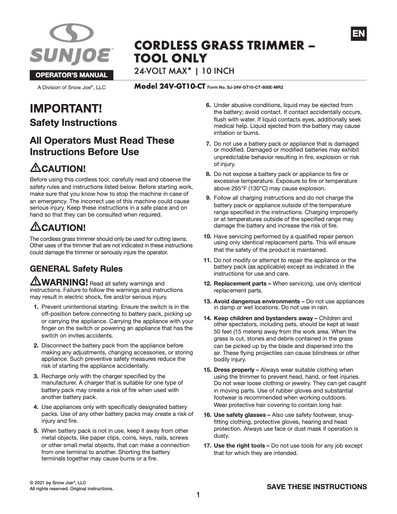 Page 1 of the manual User Manual Sun Joe 24V-GT10-CT