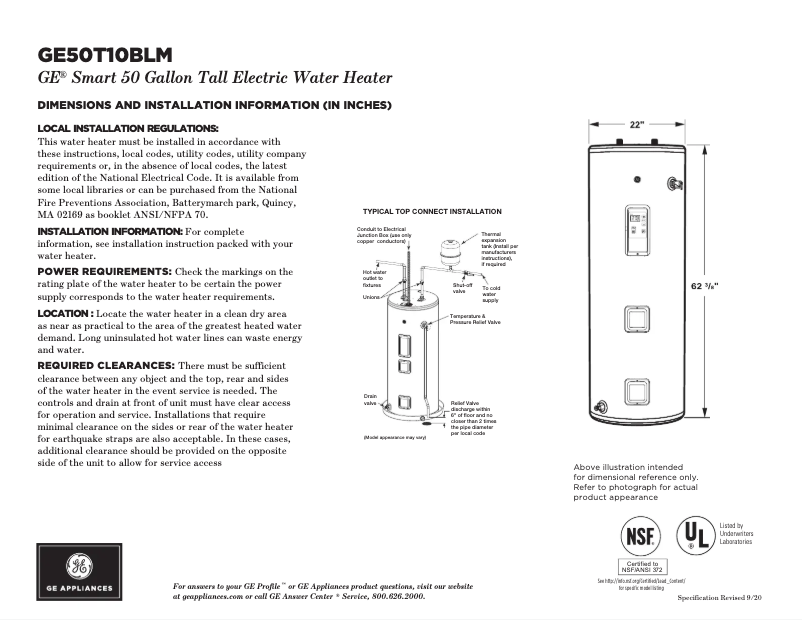 Page 1 of the manual Technical Sheet GE GE50T10BLM