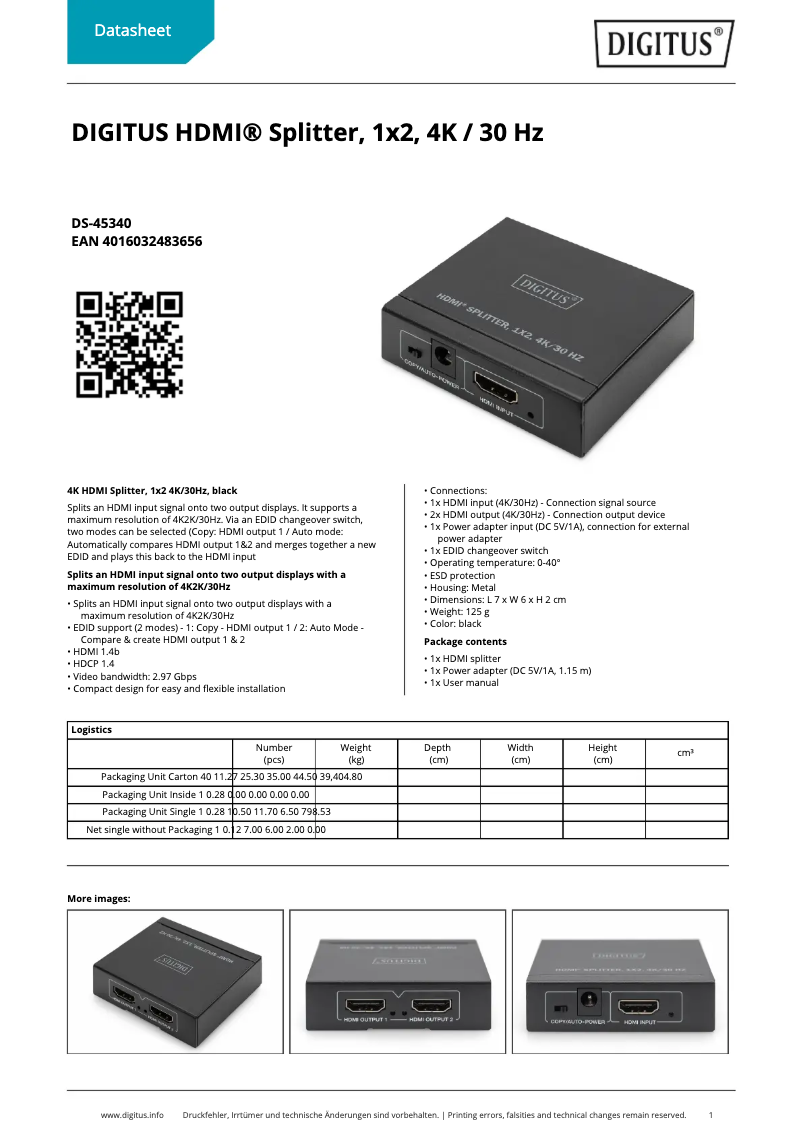 Page 1 of the manual Technical Sheet Digitus DS-45340