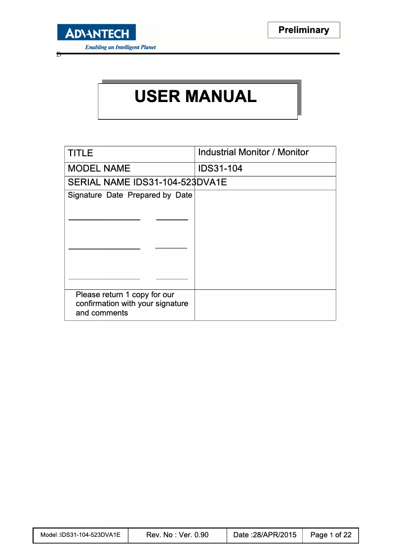 Page 1 of the manual User Manual Advantech IDS31-104