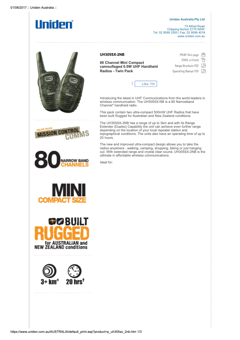 Page 1 of the manual User Manual Uniden UH305SX-2NB