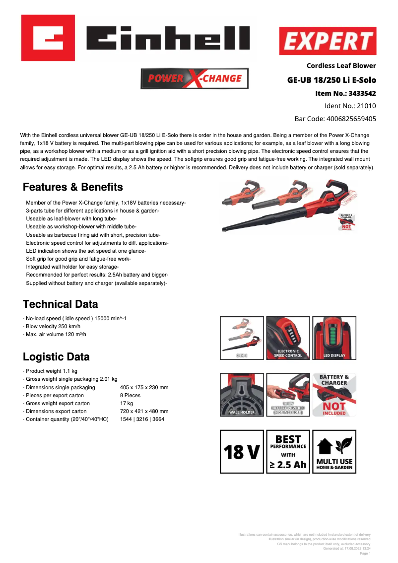 First page image of the manual for GE-UB 18/250 Li E