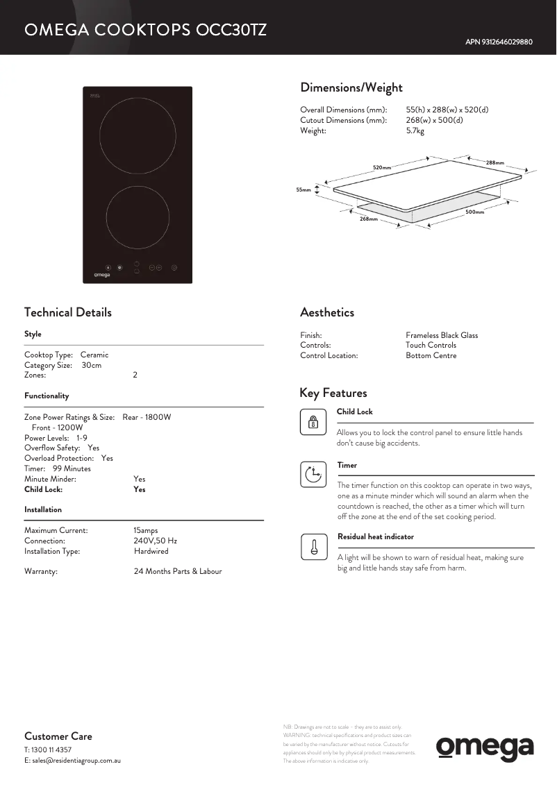 Page 1 of the manual Technical Sheet Omega OCC30TZ