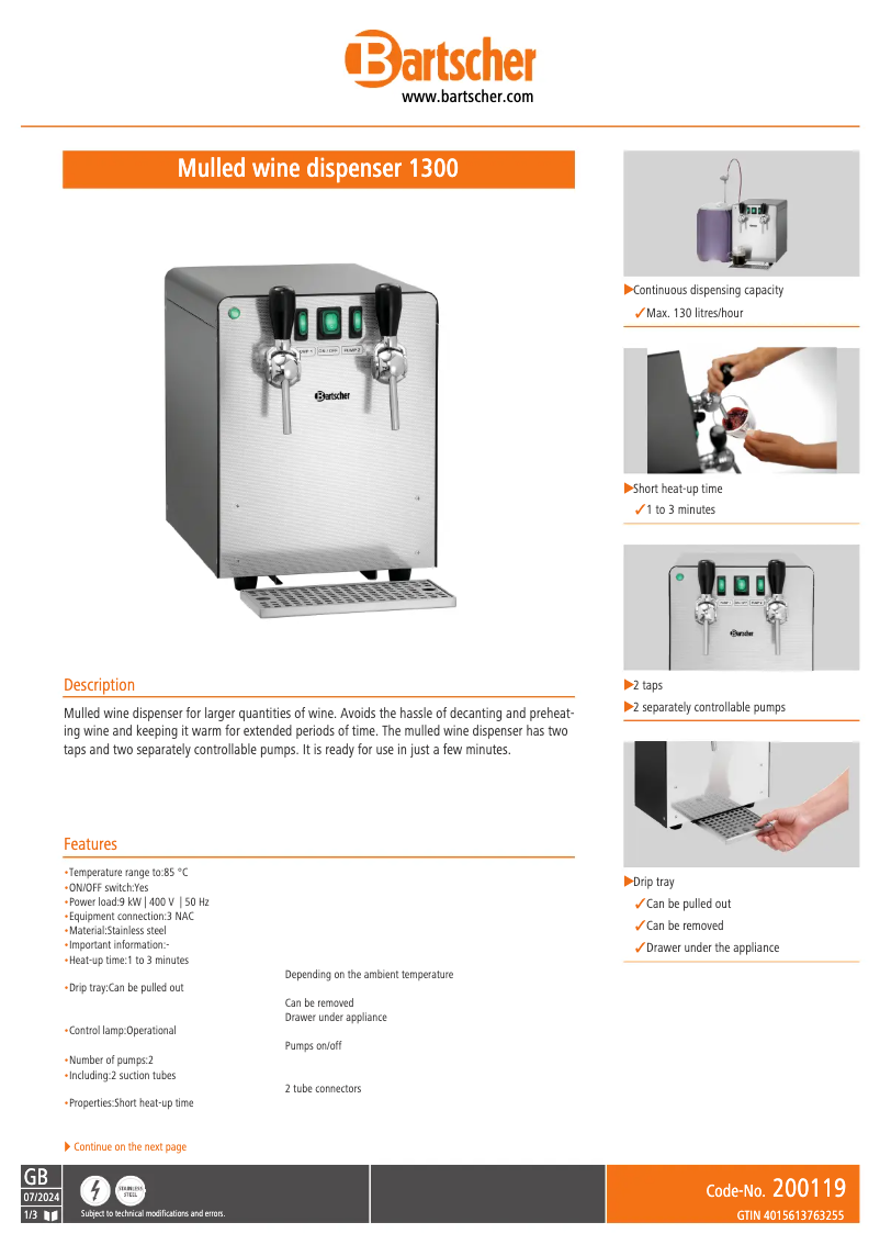 Page 1 of the manual Technical Sheet Bartscher Mulled wine dispenser 1300