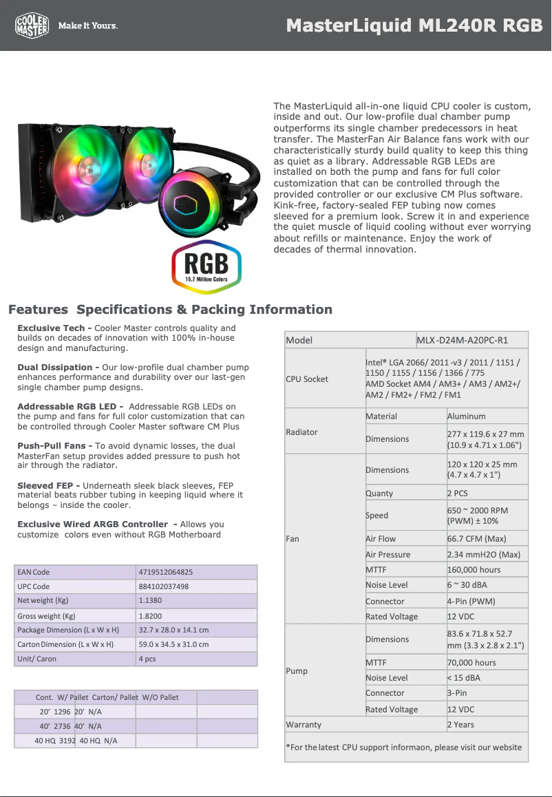Page 1 of the manual Technical Sheet Cooler Master MasterLiquid ML240R