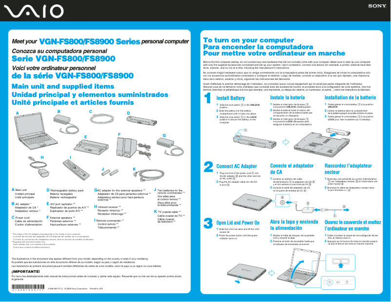 Page 1 of the manual Installation Guide Sony Vaio VGN-FS850Q
