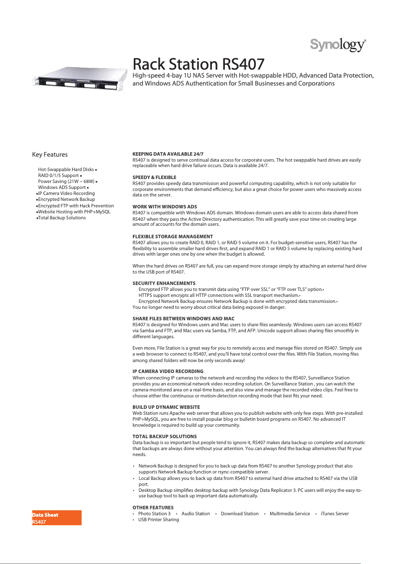Page 1 of the manual Technical Sheet Synology RackStation RS407